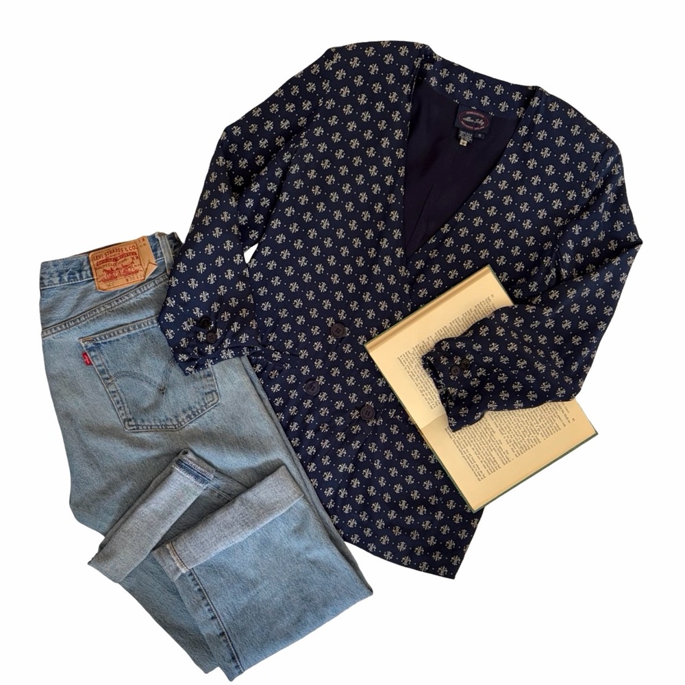 Vintage | Navy Silk Fleur De Lis Double Breasted Blazer